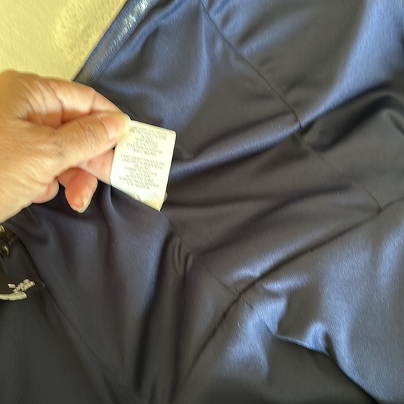 Prom dress size 1 strapless navy blue scuba like evening gown w/ peplums on hips - Picture 10 of 11